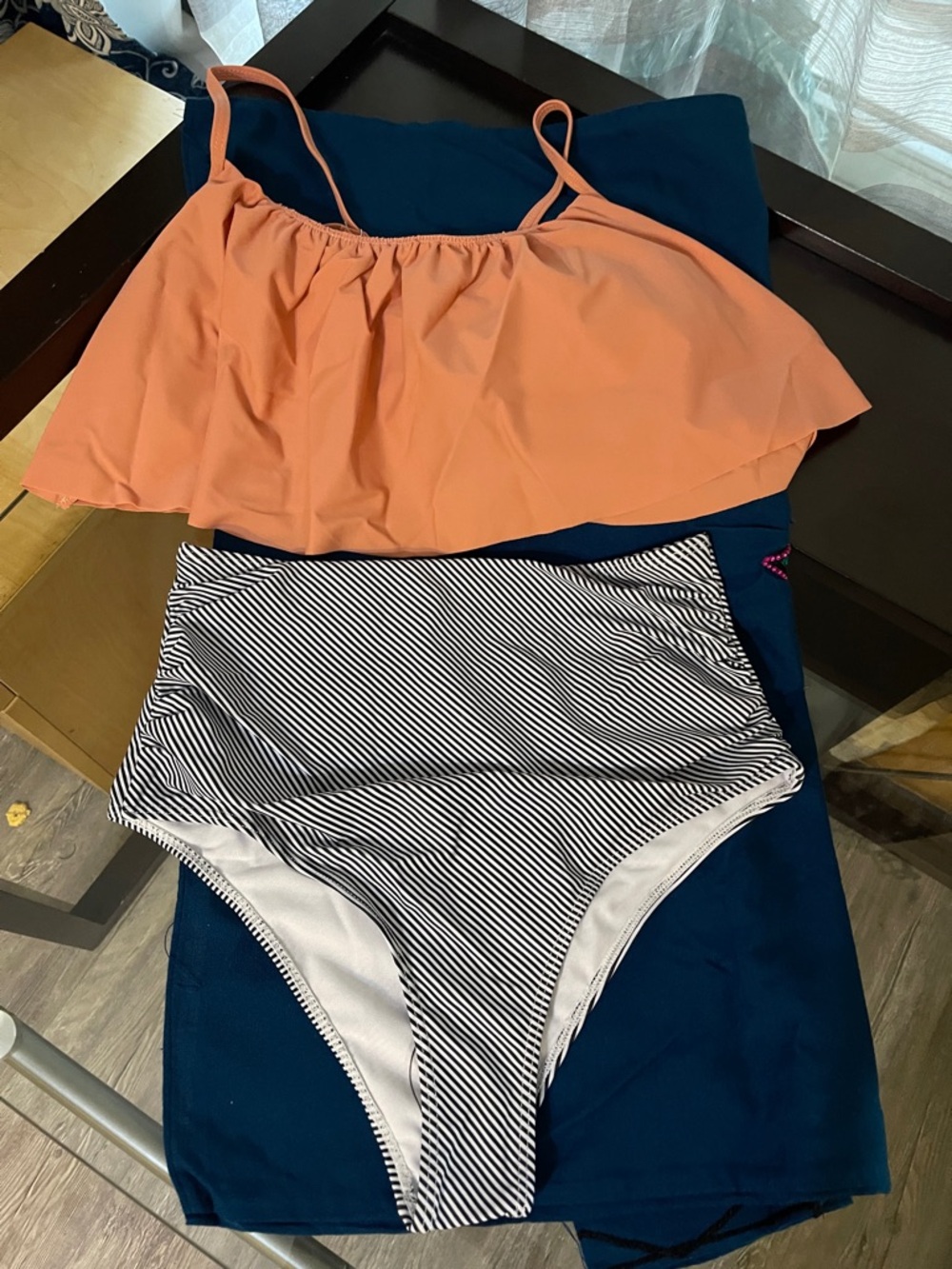 Women Peach Ruffle Tankini Top with Black & Striped High-Waist Bottoms